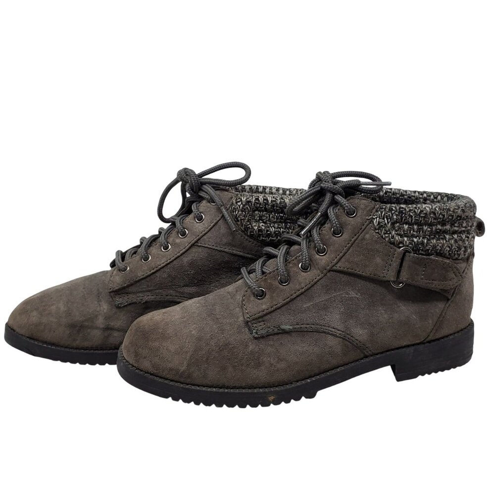 Vintage 80s Rugged Outback Gray Leather Lace-Up Ankle Boots‎ Size 6.5M Knit Cuff